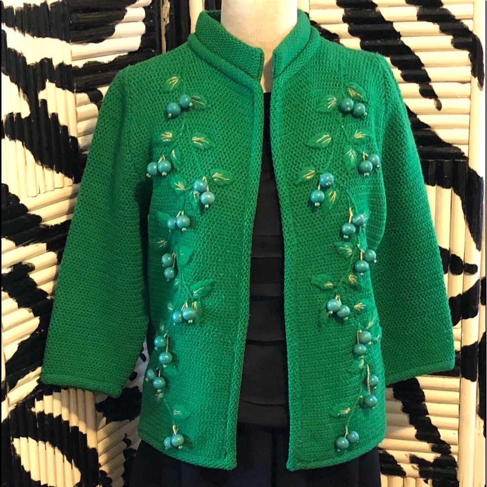 Vintage Green Cardigan Sweater Baubles Berries S/M